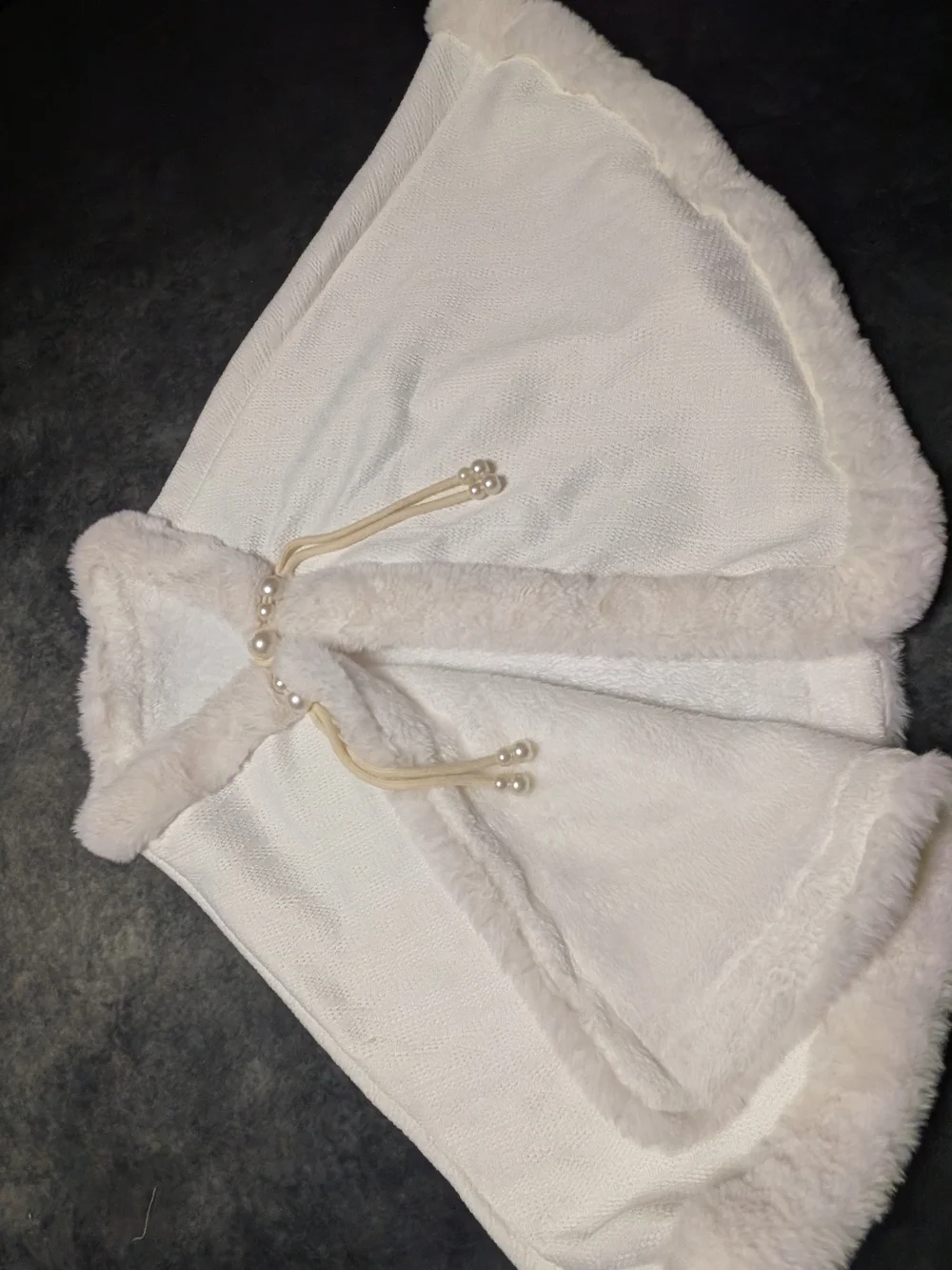 White Formal Faux Fur Trim Hooded Cape with Pearl Ties